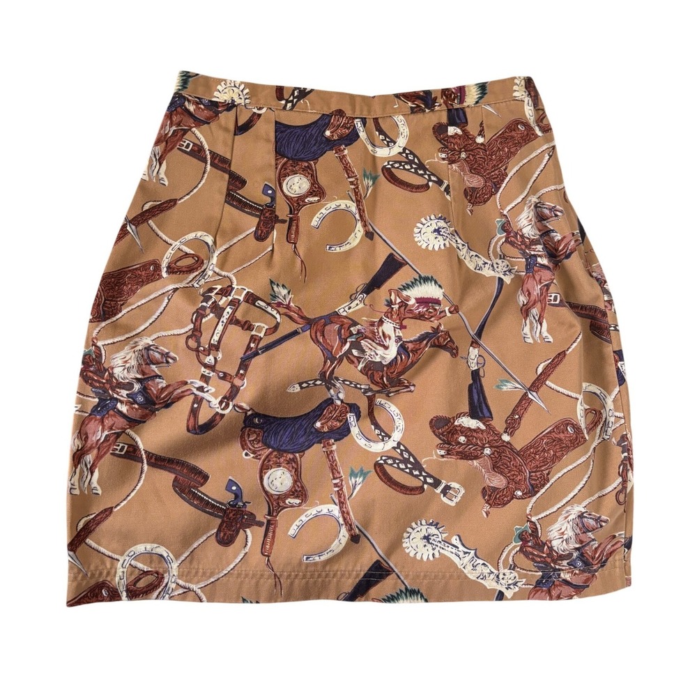 Vintage Club Monaco Tan Equestrian Western Horse Print Cotton Mini Skirt 10